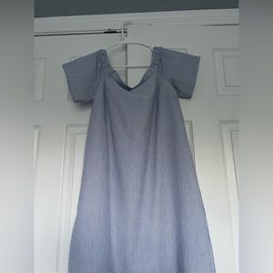 seersucker blue and white off the shoulder dress